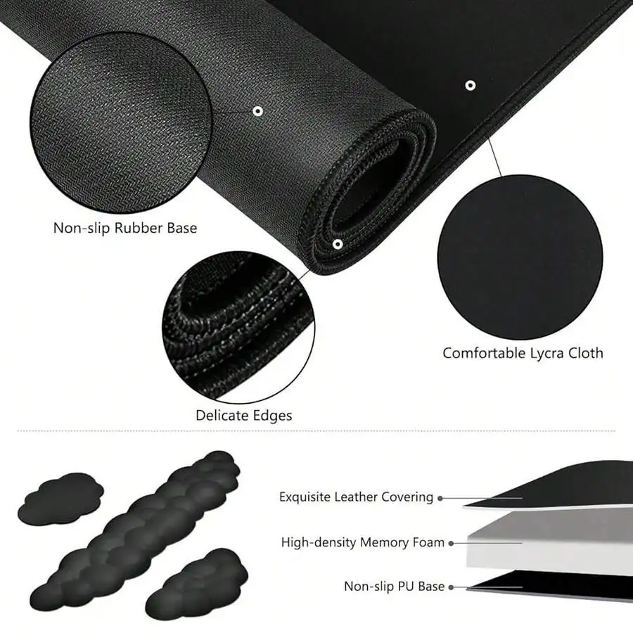 Large Cloud Shape Waterproof Desk Pad With Keyboard Wrist Rest Set Black 31.5x11.8 Inch