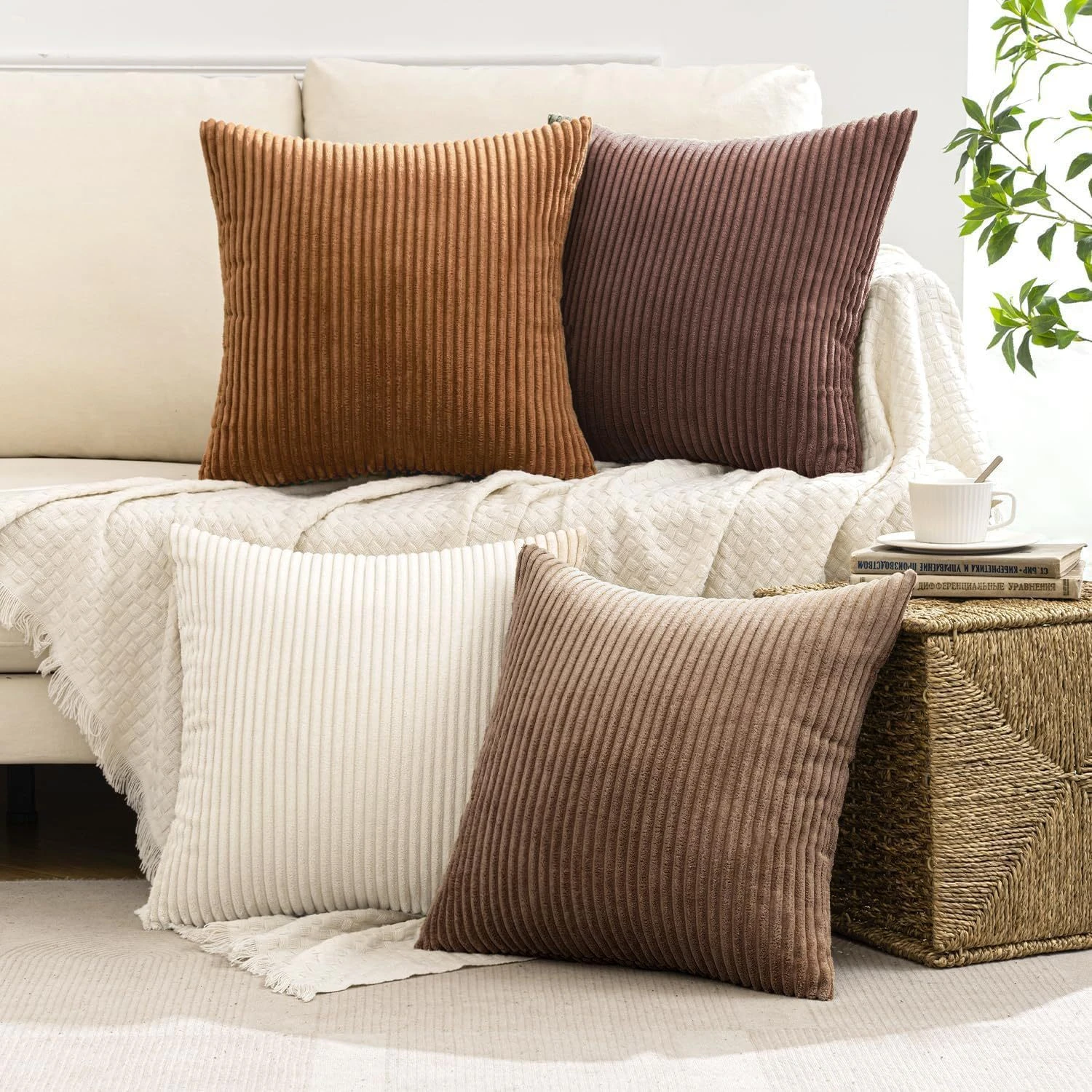 4-teiliges Boho-Farmhouse-Kissenbezug-Set, moderne nordische Kissenhüllen, weicher Cord (Kissenbezüge ohne Füllungen) – Detail 10