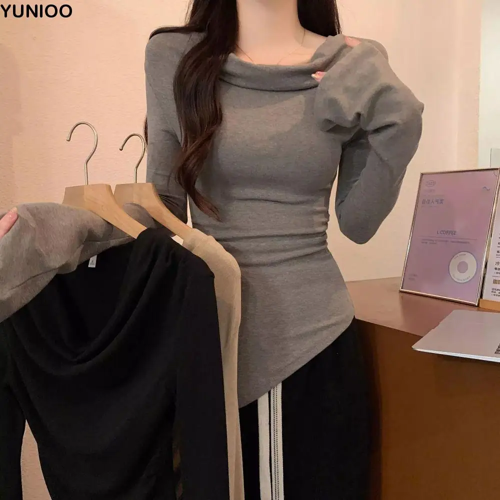 

Модная футболка с длинным рукавом нестандартной формы, шикарный приталенный пуловер с наклонными плечами, укороченные топы, футболки в корейском стиле, женские футболки Y2k