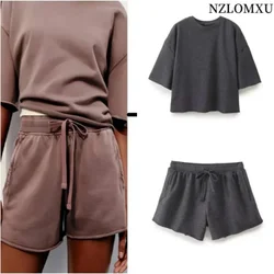 2024 Summer Women's Solid Grey Shorts Set Short Sleeve Pullover Shirt +Casual Loose Basic 2 Pieces Set Office Lady OOTD