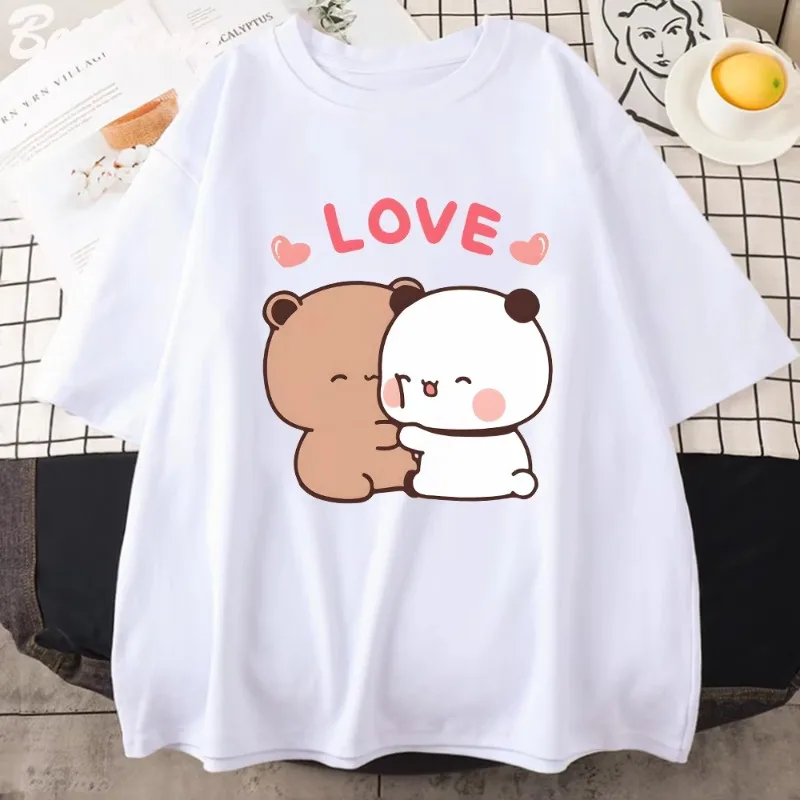 Panda Bear LOVE T Shirt Womens 100% Cotton Bubu Dudu Couple Tops Short Sleeve Print Summer Aesthetic Korean Tees Harajuku