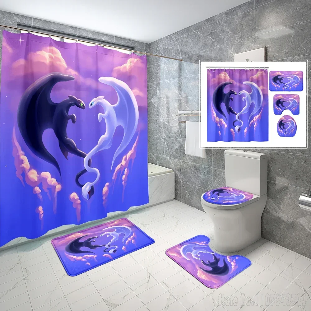 Disney How To Train Your Dragon Love Bath Shower Curtain Set 4pcs with Hooks Cartoon Decor Waterproof Bathroom Toilet Mat Lid