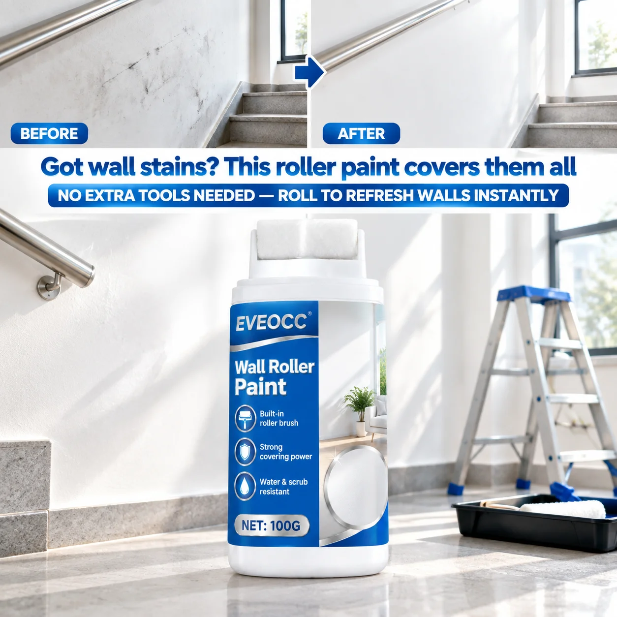 100g Wall Roller Paint Built-in Brush White Wall Touch Up Paint For Household Wall Damage Repair