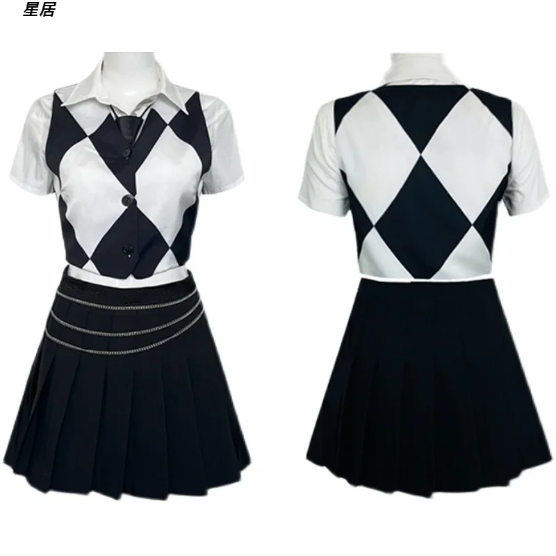 Kpop Concerto di gruppo per donne Costume da ballo jazz sexy Gonna nera Camicie bianche Gilet scozzese Abiti Abbigliamento da prestazione Costume di scena