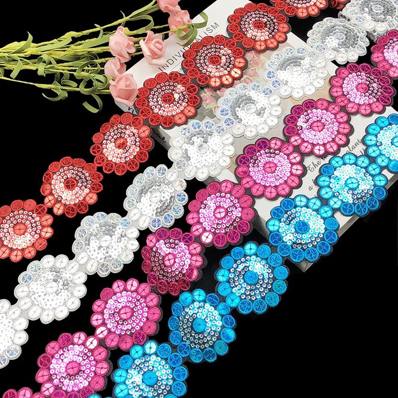 5 Yards Sequin Lace Trims Floral Ribbon DIY Sewing Material for Dress Decoration Iron on Webbing