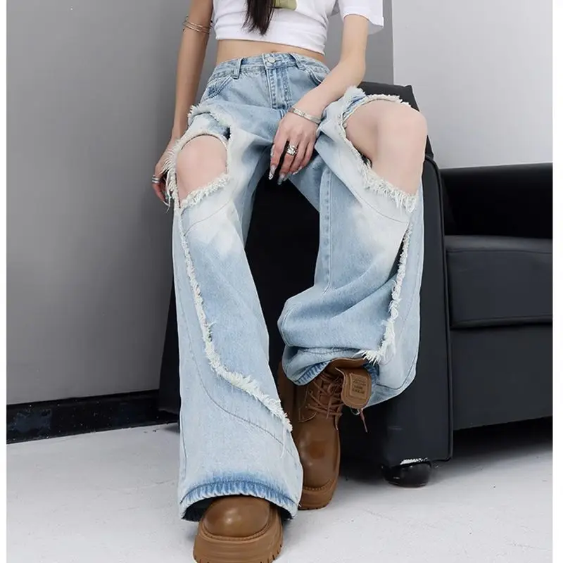 

Personalized Design Ripped Blue Washed Water Old Jeans Women's Drape Loose Wide-leg Straight Trousers