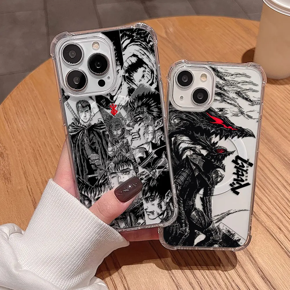 Nouveau Anime Berserk Guts Magsafe coque de téléphone magnétique pour iPhone 16 15 14 13 12 11 8 7 Plus Mini Pro Max X XR couverture Anti-chute transparente