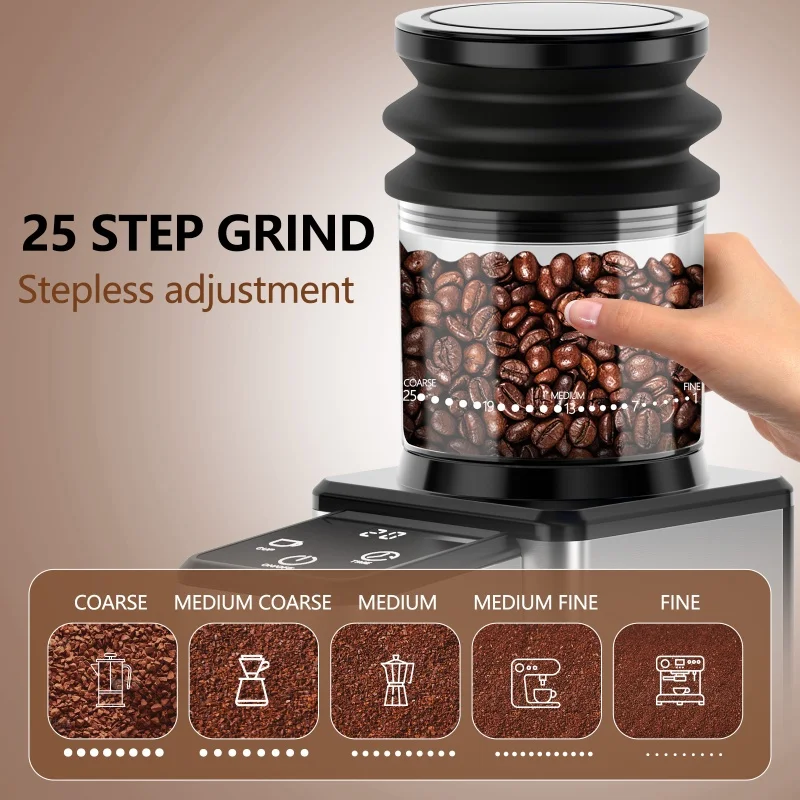 Compact Conical Burr Coffee Grinder Electric 25 Adjustable Grind Settings Touch Control Coffee Mill for Home Barista