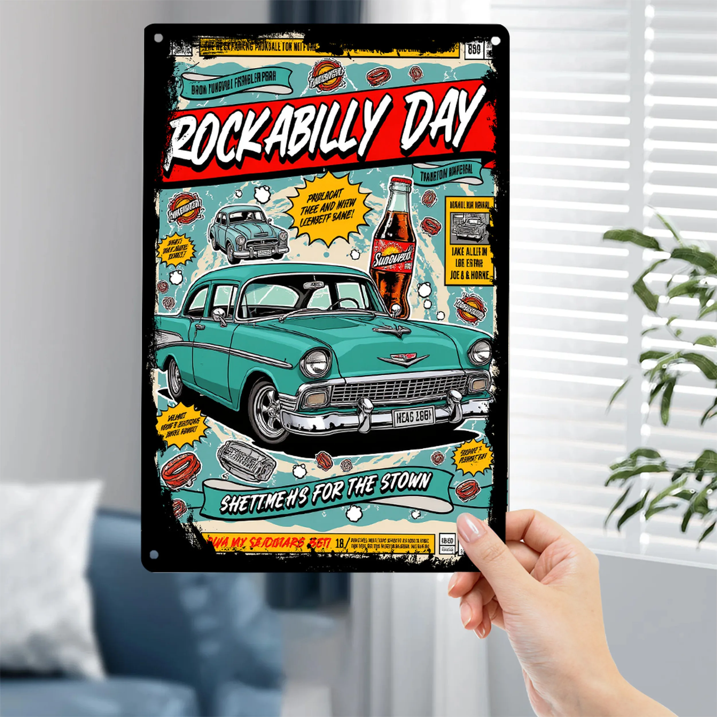 2D Flat Rockabilly Day Tin Sign Wall Art Classic Car& Cola Bottle Metal Plaque with 