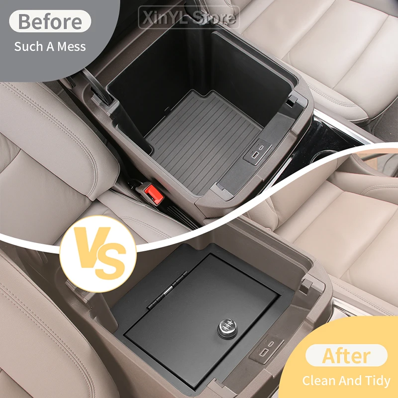 Car Metal Armrest Password Lockable  Safety Storage Box For Chevy Suburban//Tahoe 2015 Up Car Storage Accessories