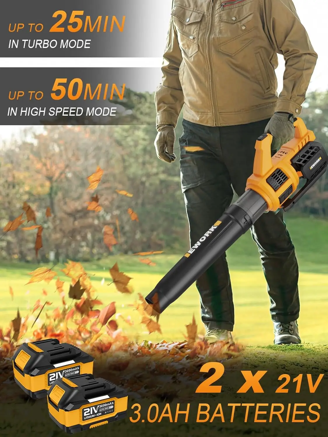 Cordless Leaf Blower 21V Electric Leaf Blower Cordless with (2) 3.0Ah Battery and Fast Charger 400CFM Variable Speed&Turbo Mode