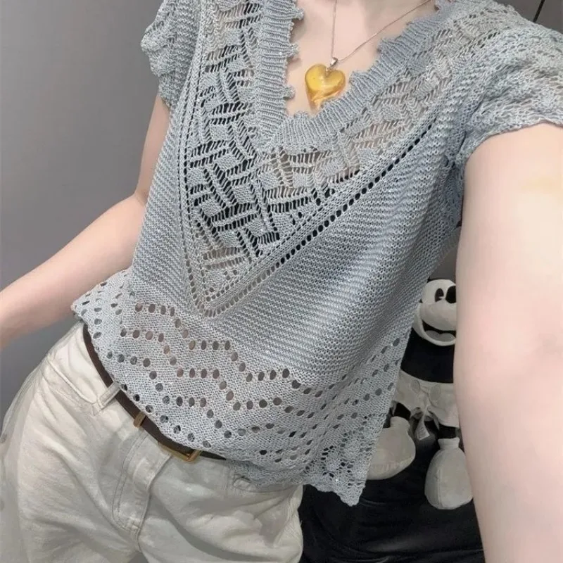 Summer Pullover Slimming V-neck Knitted Women's Thin Short Sleeved Patchwork Summer Hollowed Out Korean Fashion Top