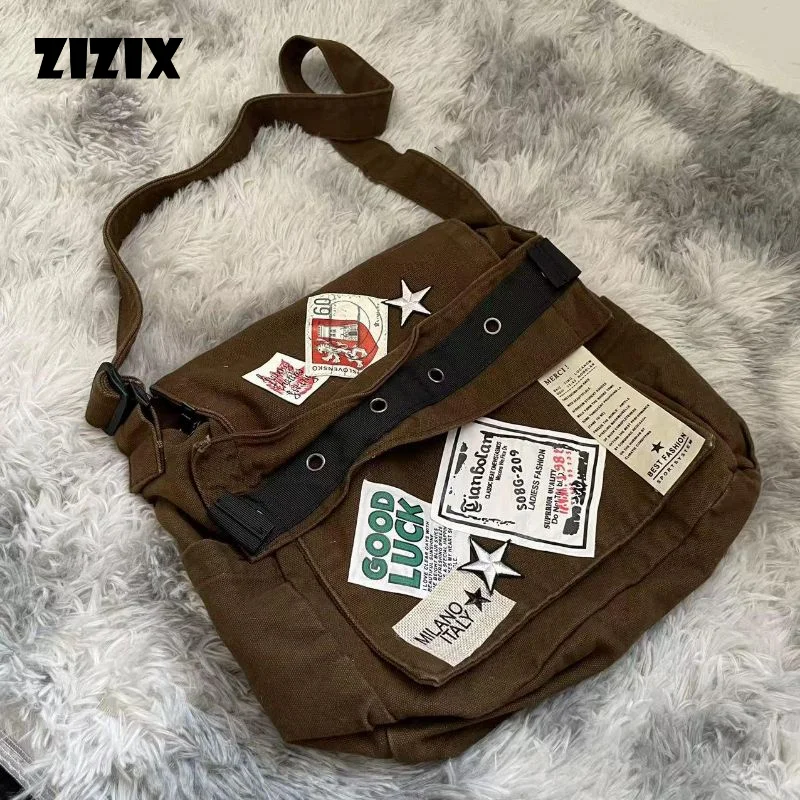 Y2k Messenger Bag Brown Old School Style Star Patch Canvas Students School Bags Street Cool Vintege Cross Body Book Bags College