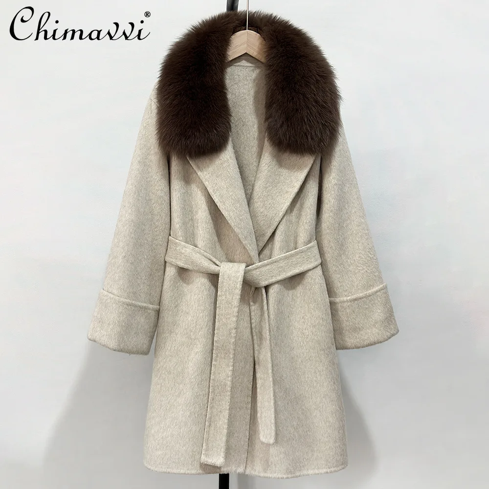 

Зима 2025 года, элегантное повседневное шерстяное пальто в корейском стиле с воротником из лисьего меха и открытой строчкой, двусторонняя кашемировая длинная куртка на шнуровке для женщин