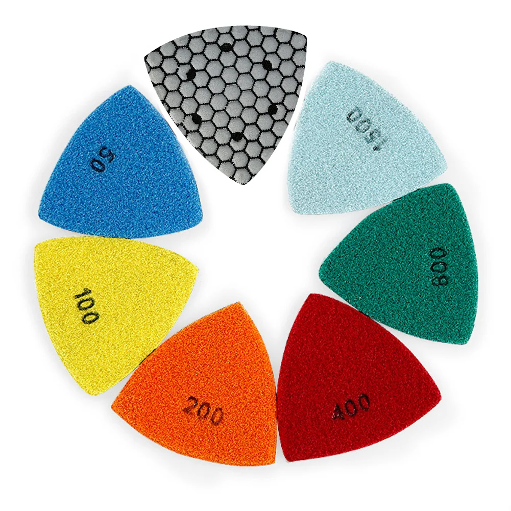 6pcs 90mm Triangle Emery Dry Polishing Pads 50-1500grit Polishing Discs For Granite Marble Concrete Stone Sanding Polisher Disc