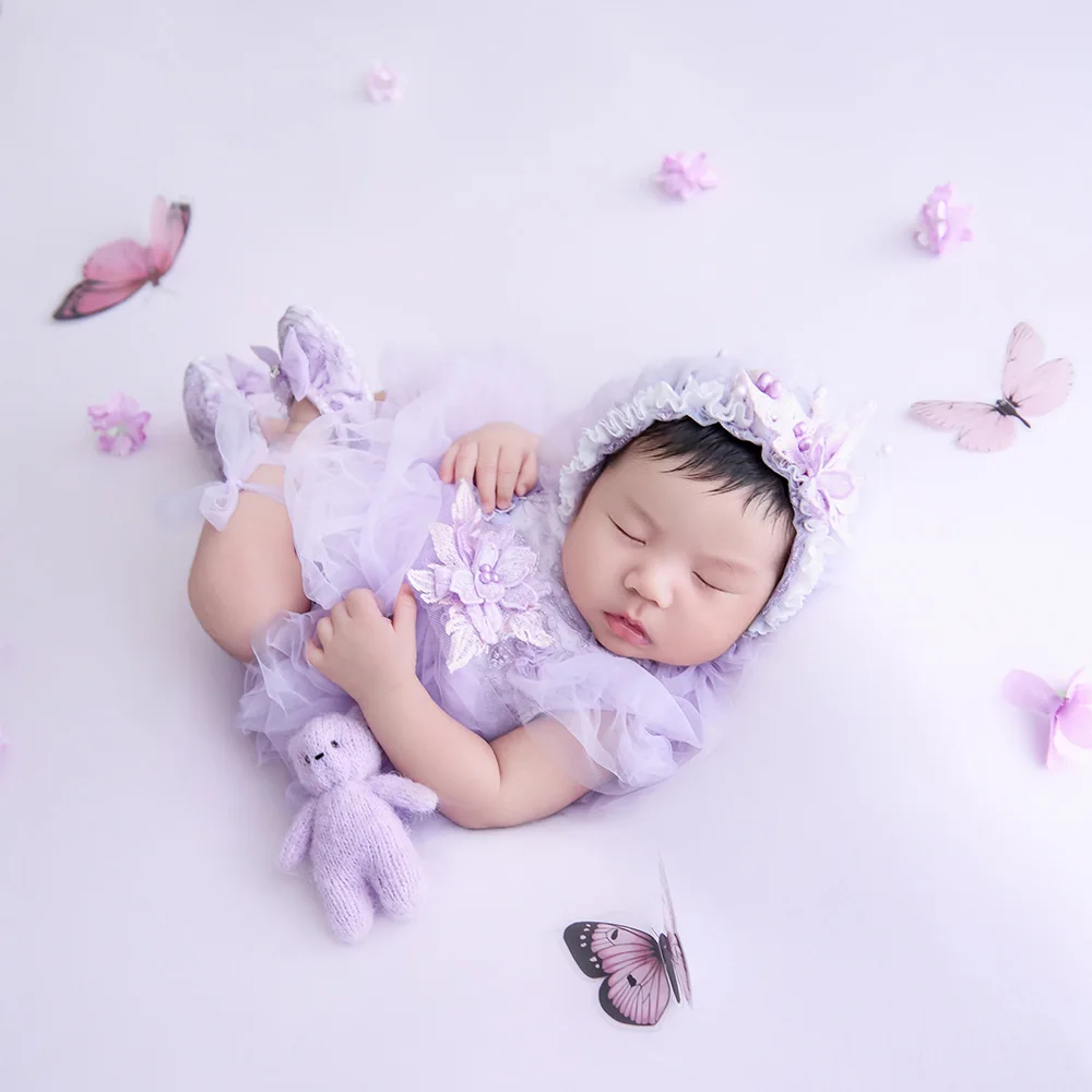 Cute Purple Newborn Girl Photography Props Lace Tulle Dress Set Knit Bear Butterfly Props for Infant Studio Shooting Accessories