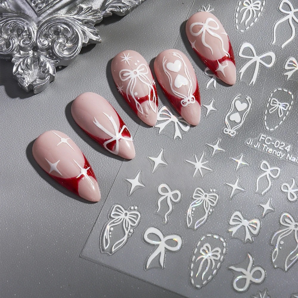 2개 세트 오로라 레드 화이트 하트 네일 아트 스티커 반짝이는 리본 사랑 프렌치 목걸이 네일 데칼 달콤한 여성 소녀 매니큐어 슬라이더