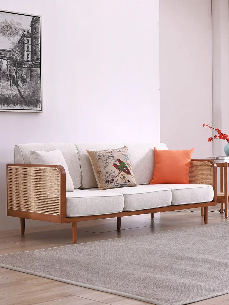 LDNordic غرفة المعيشة شقة صغيرة الترفيه الحديثة أريكة الروطان الخشبية الصلبة ثلاثة مقاعد