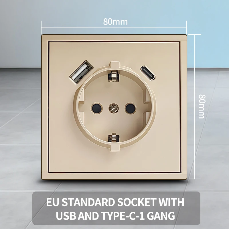 2 USB Type-C snel opladen EU Schuko stopcontact, 80x80mm modern design 16A 250V h 1 tot 5-voudig stopcontact voor thuiskantoor