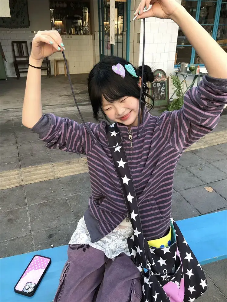 

Куртка женская в стиле Y2K, панк, винтаж, американский готический стиль, с длинными рукавами, с капюшоном, в полоску, в корейском стиле, для субкультур, повседневная, осенняя