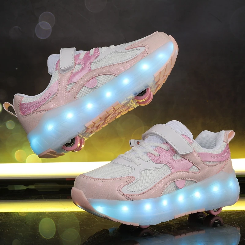 High Quality Skate Shoes for Kids Fashion LED Light Luminous Sneakers Children Four Wheels Shoes for Boy Girls with USB Charging