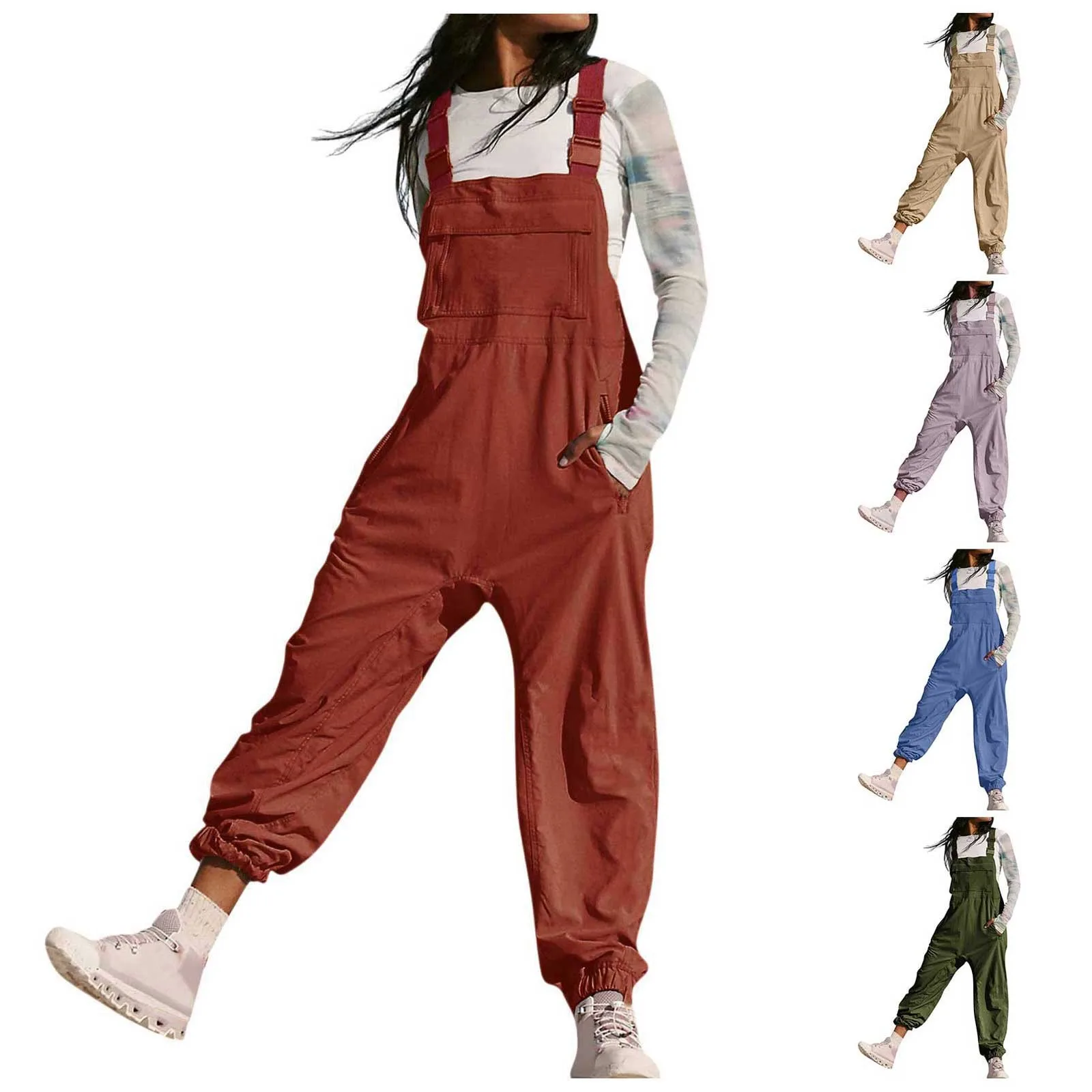 Fashion Cargo Overalls Women Y2k Harem Pants Sleeveless Square Neck Spaghetti Strap Legging Jumpsuits With Pockets Streetwear