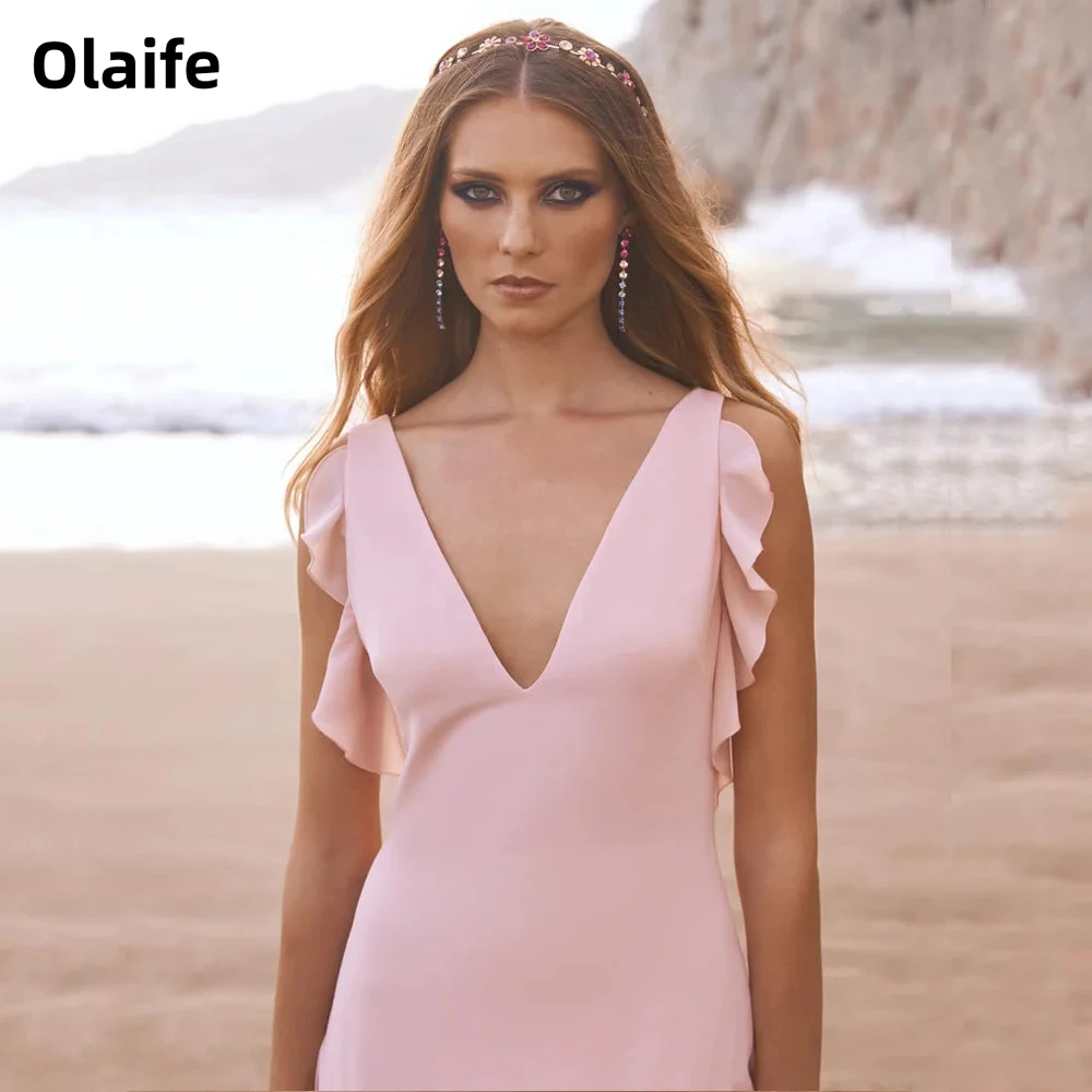 Olaife Elegant Ruffled V-neck Backless Prom Dresses Sleeveless Chiffon Floor Length A-line Evening Gown Vestidos De Noche