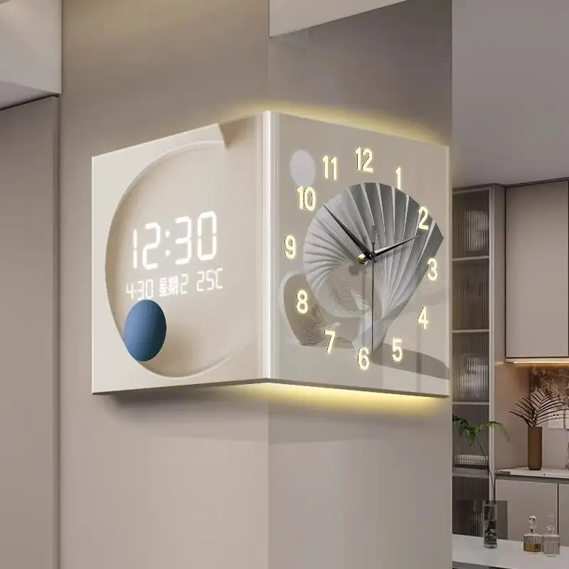 Living Room Aesthetic Decoration Clock Corner Wall Clocks Modern Clocks Wall Art Digital Clock Watch with Light Interior Decor