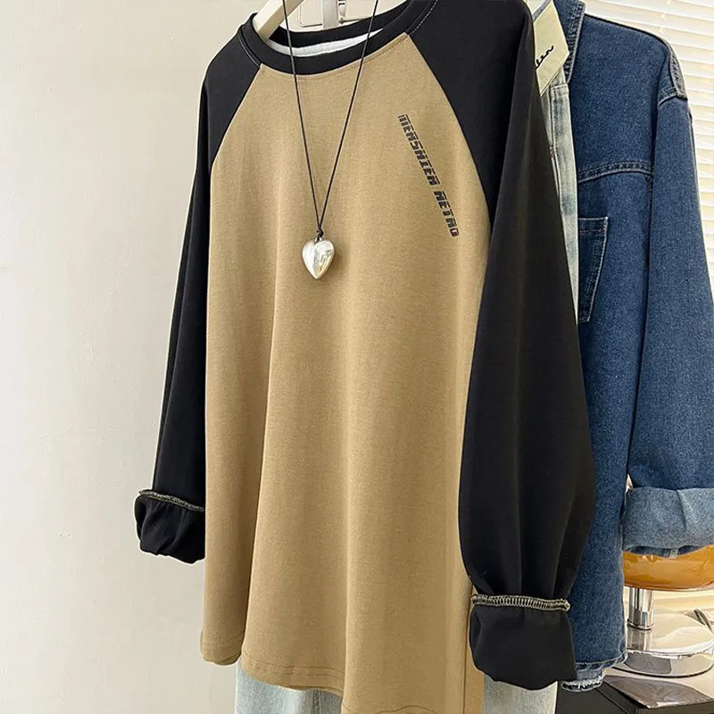 Women Clothing Fashion Casual Round Neck Sweatshirt Spring Autumn Solid Long Sleeve Top Tee Lady Y2K Loose Vintage Pullover