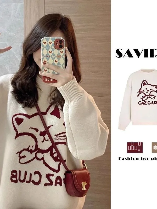 سترة محبوكة كبيرة الحجم للسيدات للخريف بنمط Sle جديد تصميم فضفاض من Thiened ملابس تريكو للنساء #1