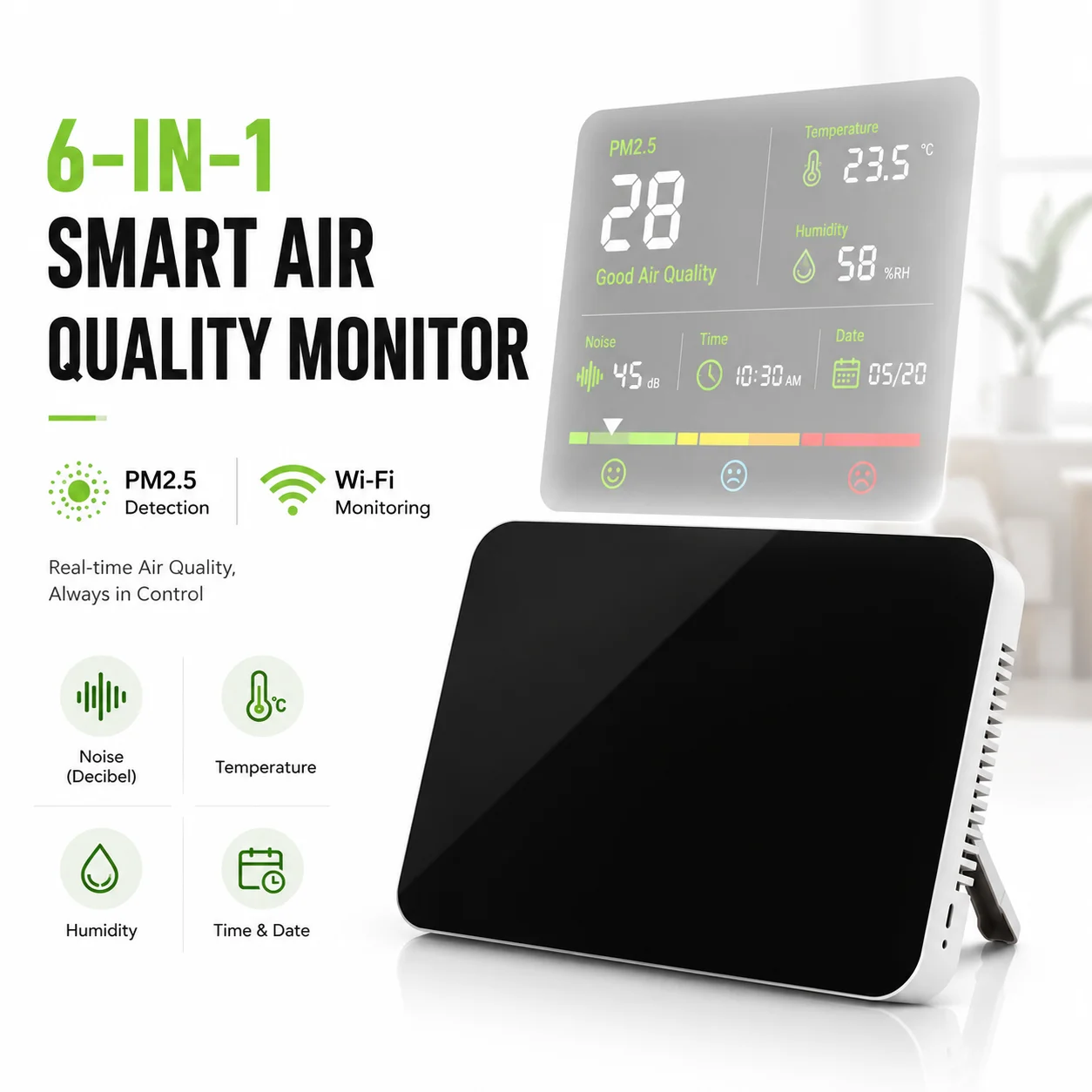 Intelligent Indoor Air Tester with WiFi Connectivity, Real-Time PM2.5, Temperature and Humidity Sensor, Smartphone Alerts