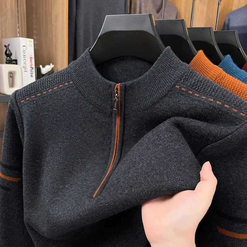 

2025 Autumn and Winter New Style Stand Up Collar Thickened Warm Knitted Sweater Men's Half Zipper Sweater Men's Base Shirt Men