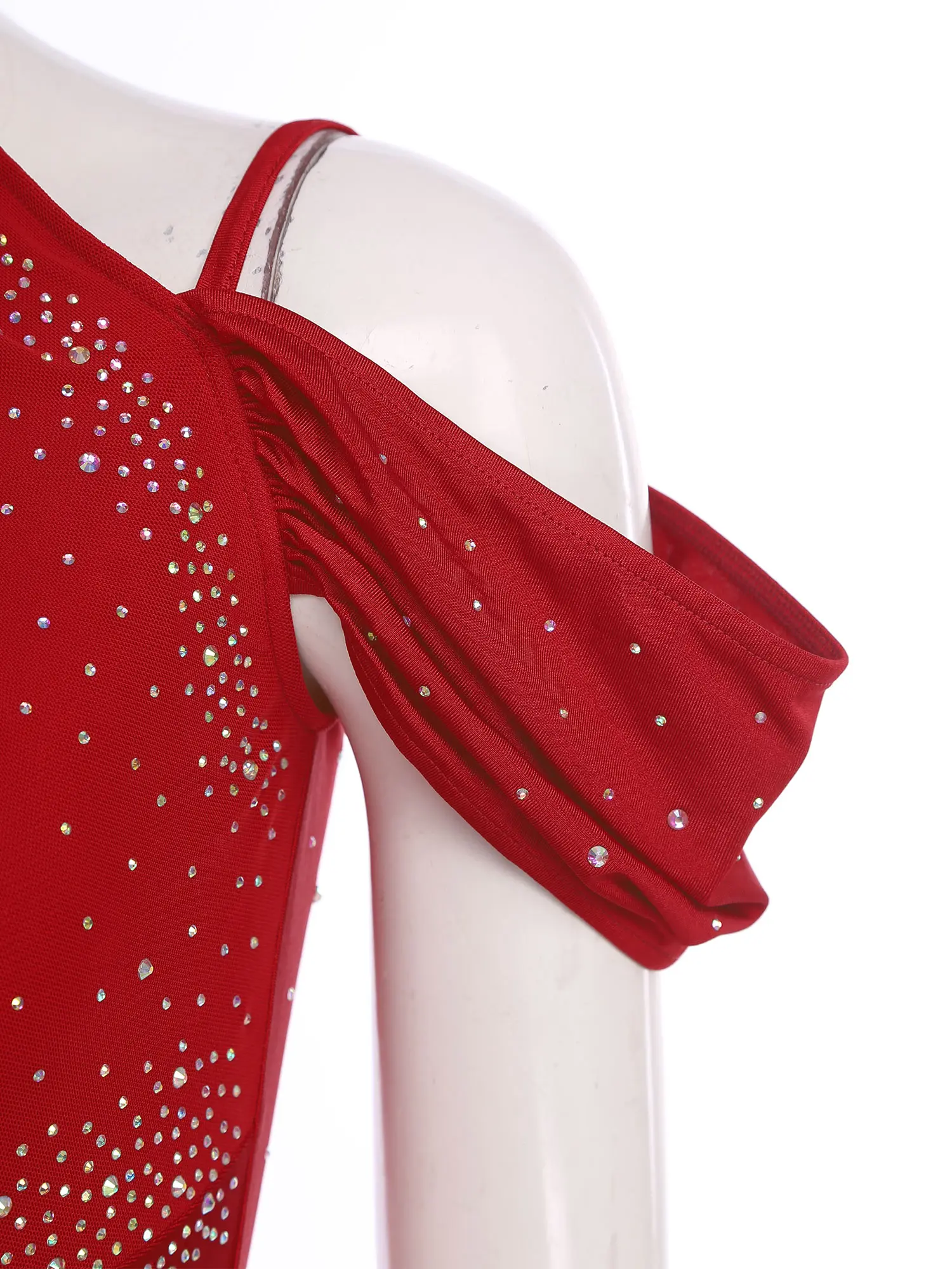 

Women Latin Jazz Dance Costume Rompers Rhinestones Tiered Tassel Halter Off Shoulder Jumpsuit for Rumba Ballroom Dance Party