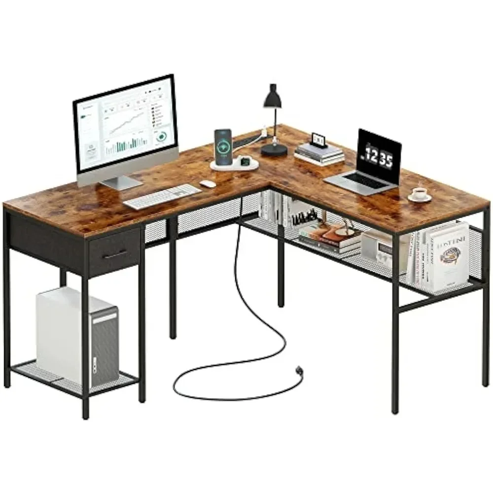 L Shaped Desk with Power Outlets, Computer Desk with Drawer, Reversible Corner Desk with Grid Storage Bookshelf, Home Office