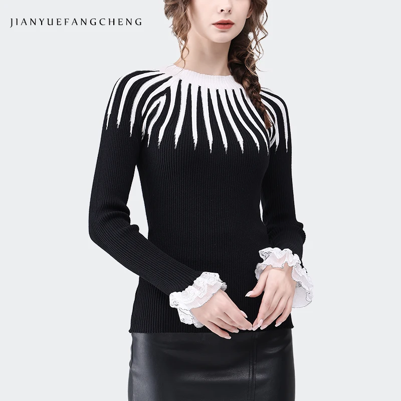 Fashion Black-white Color Blocking Women Sweater Pullovers Stretching Skinny Knitted Tops Autumn Winter Cold-resistant Sweaters