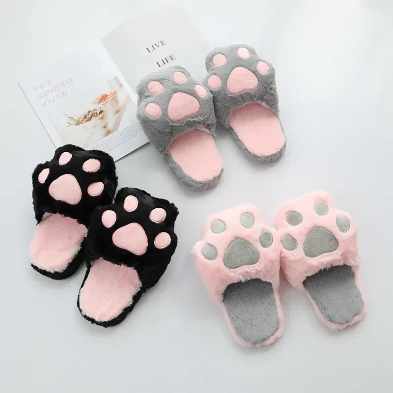 Kawaii Cat Paw Slippers Home Cotton Slippers Fluffy Fur Claw Plush Slippers Non Slip Winter Warm Shoes Women Christmas Gift