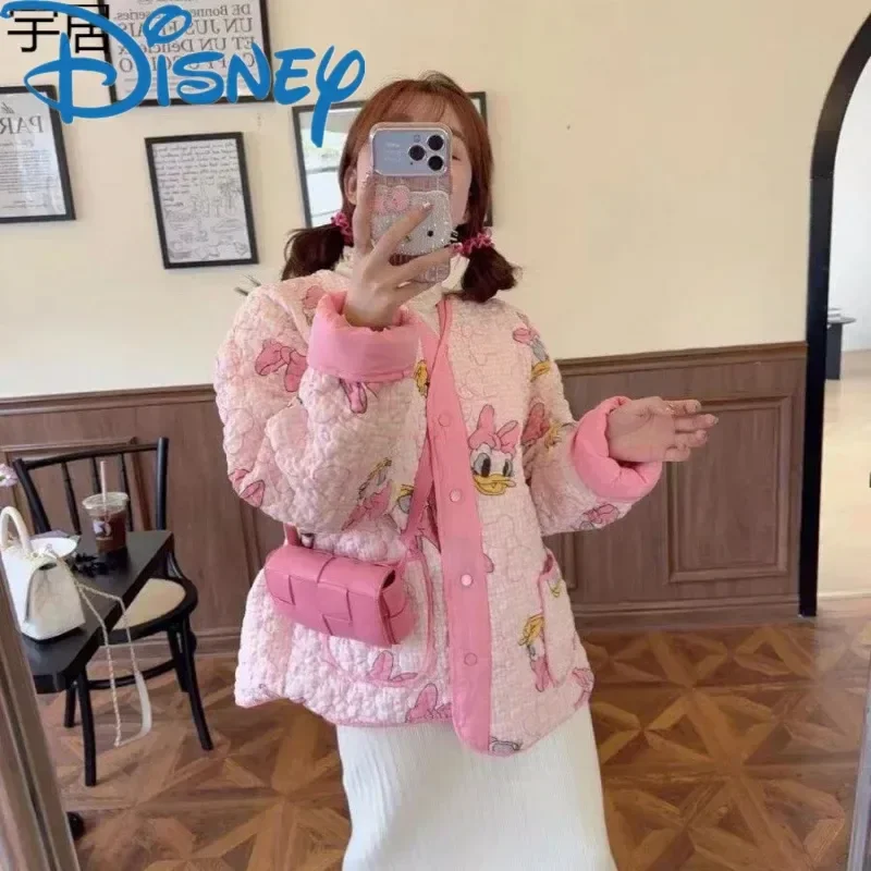 Hot Disney Figures Donald Duck Pink Jackets Gift Women Autumn Winter Cotton Coat Korean Style Fashion Cardigan Tops Y2k Clothing