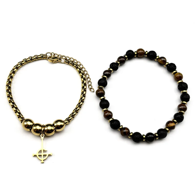 Goth Ghost BC Nameless Cross Bracelet for Women Men Stainless Steel Gold Color Ghost Band Tiger Eye Stone Hand Chain Jewelry