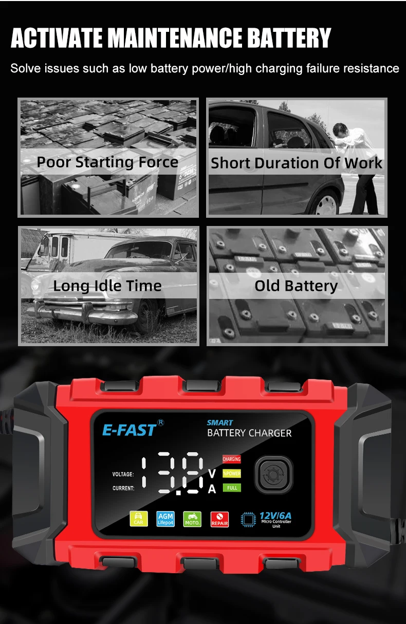 12v 6a Smart Car Batterie ladegerät großes LCD-Display intelligentes Riesel reparatur ladegerät für Blei-Säure-Agm Lifepo4 Batterie