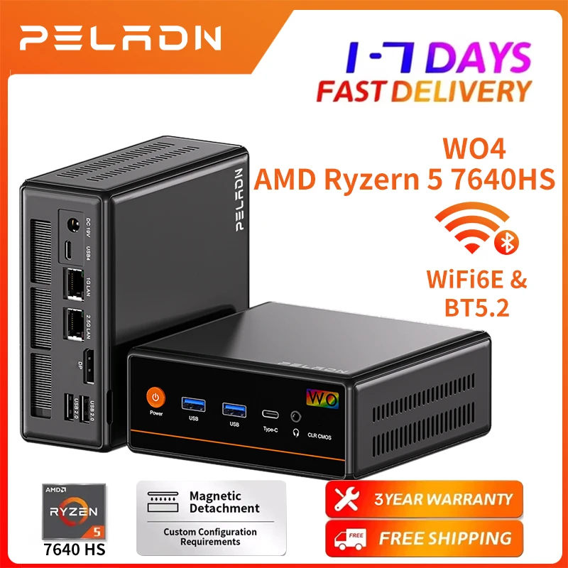 Peladn Mini Pc, Ryzen 7640Hs (6C/12T, up to 5Ghz), 16Gb Ddr5/1T Nvme Ssd, 3-year warranty Dual Lan, Windows11, Type-C/Dp/Hd, Mini Desktop