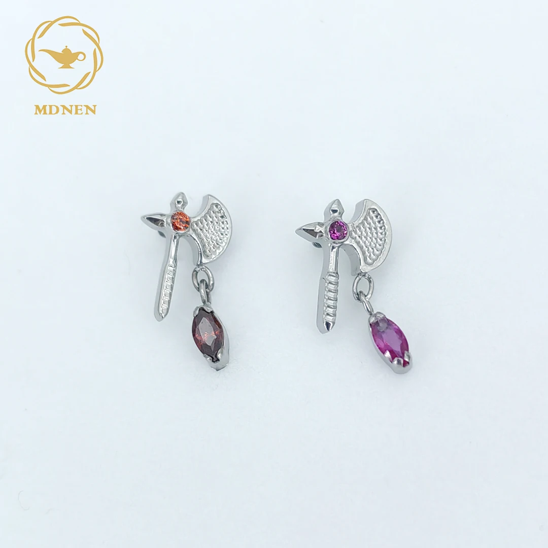 

MDNEN ASTM F136 Titanium Axe Head Chain Dangle Zircon Pendant Internally Threaded End Titanium Tops Piercing Jewelry