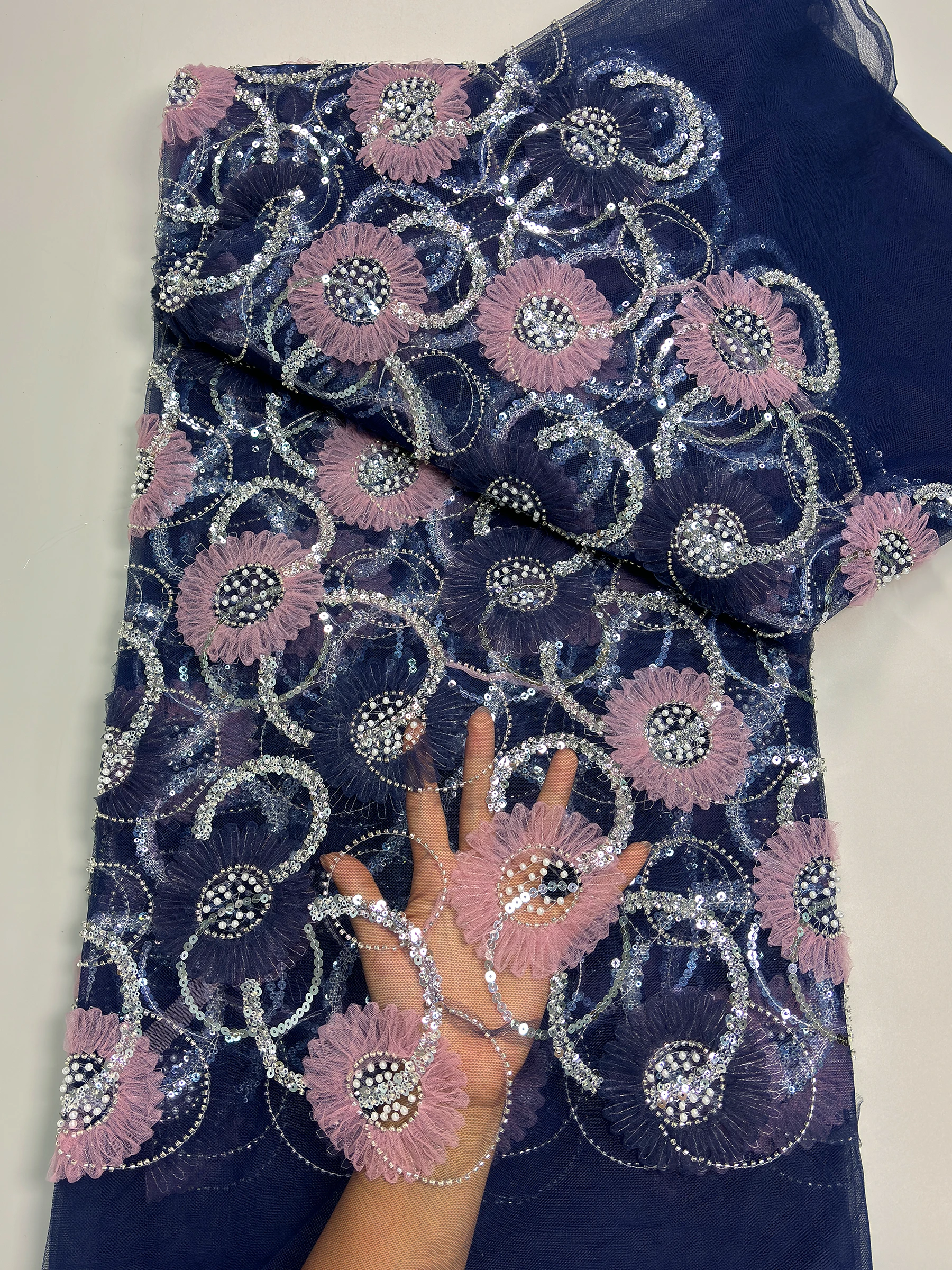 2026 Luxury Navy Blue African Mesh Embroidery Beaded Lace Fabric Nigerian Sequins Lace Fabric For Wedding Dress Sewing Material