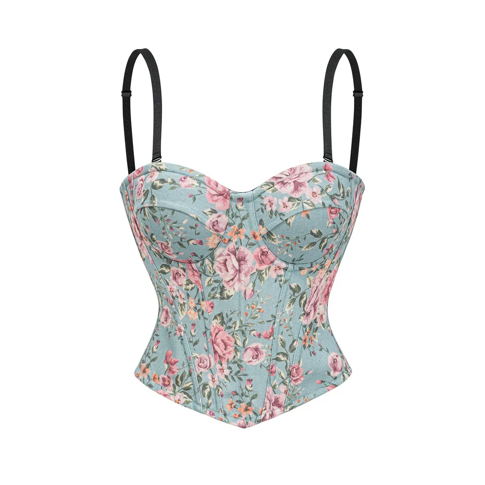 

Синий цветочный средневековый корсет с бретелями, пуш-ап, корректирующее белье, женская готическая одежда, винтажный бюстье-топ, стимпанк корсет