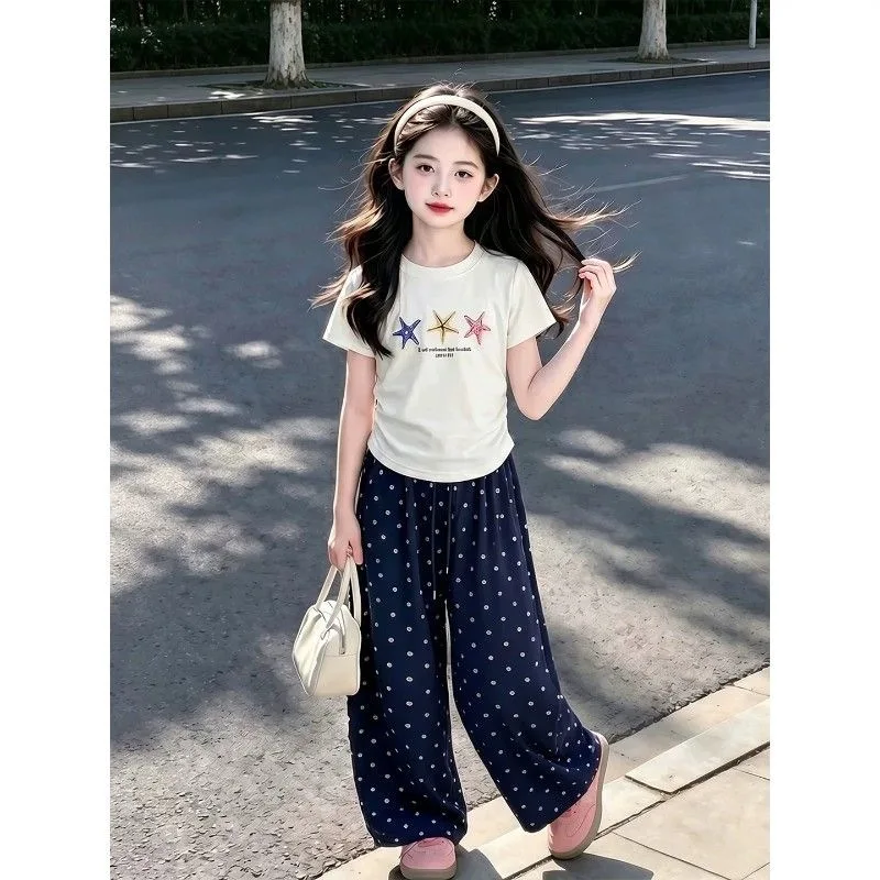 Somenie Girls Summer Short Sleeve Star Pattern Top Set Korean Casual Trend Wide Leg Pants Two-piece Set