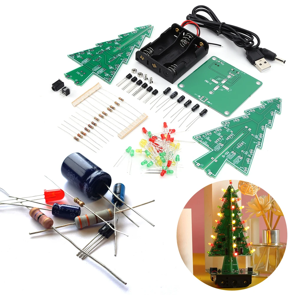 DIY 3D Christmas Tree 3 PCB Soldering Practice Kit Battery/USB Powered Electronic Exercise Kit Easy Installation for DIY Lovers