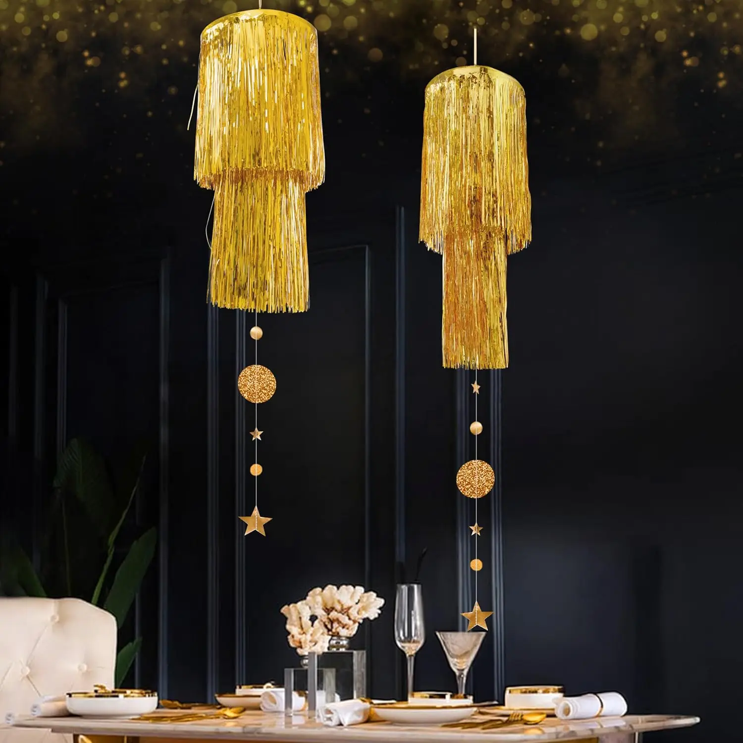 

Gold Wedding Party Decor Hanging Chandelier 2 Tier Tinsel Lanterns Ceiling Ornament Circle Star Garland Birthday Party Supplies