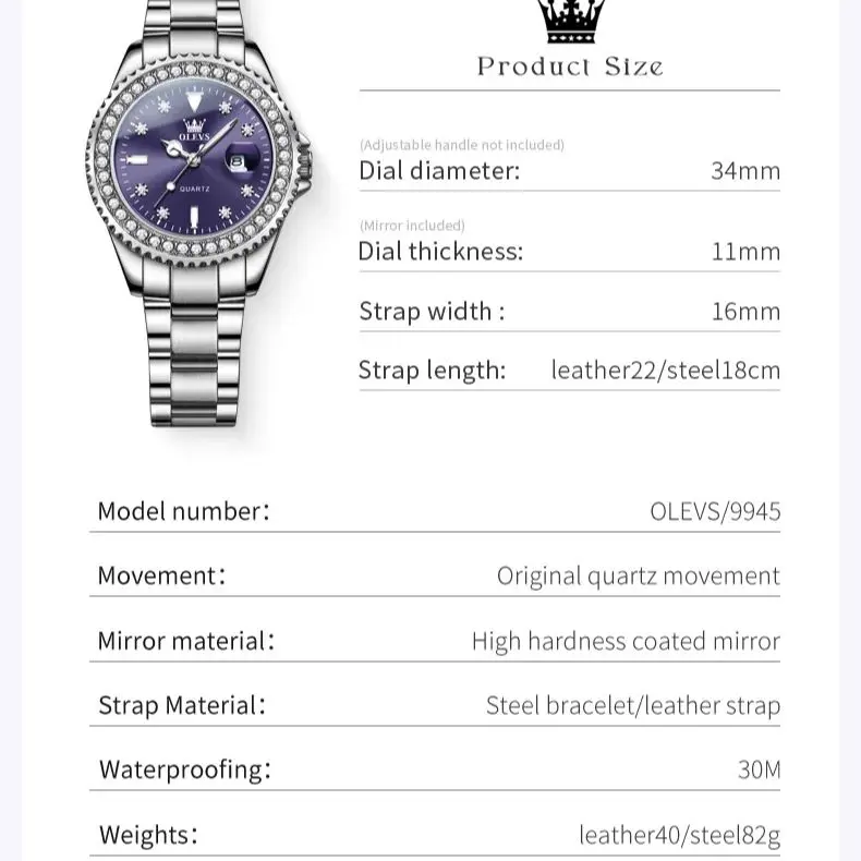 OLEVS 9945 Women's Watches Elegant Purple Full Diamond Dial Solid Stainless steel Auto Date Waterproof Quartz Watch for Women