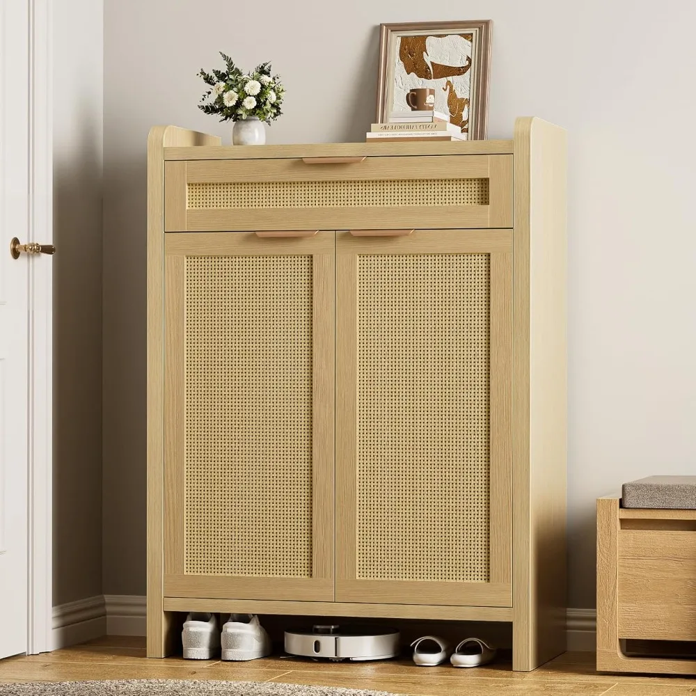 

Shoe Cabinet Storage with Drawer, Shoe Organizer Cabinet, 45.8 Tall Rattan Shoe Cabinet, with Doors Adjustable Shelves