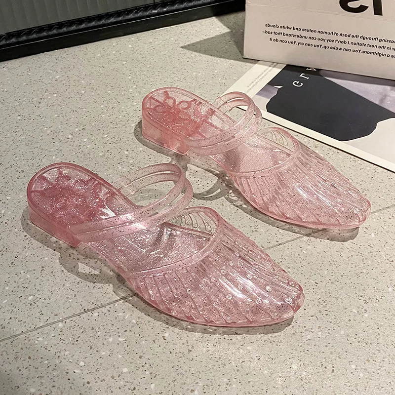 Women Baotou Slippers Summer New Fashion Hollow Soft Sole Anti Slip Transparent Crystal Two Piece Slippers Free Shipping