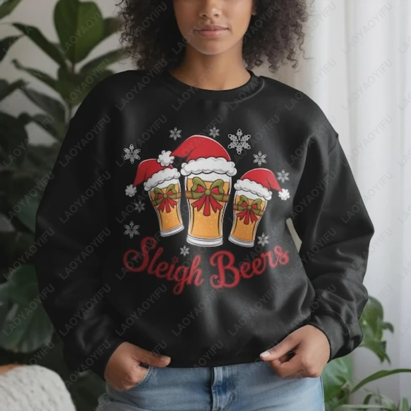 

Funny Christmas Beer Santa Hat Glass Sublimation Design Hoodie Men Women Pullover Sleigh Beers Holiday Xmas Parties Sweatshirt